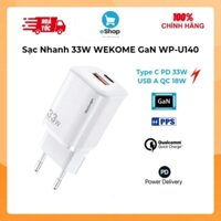Củ Sạc Nhanh 33W Wekome WP-U140 Công Nghệ Gan, 2 Cổng Sạc Type C + USB Hỗ Trợ Sạc Nhanh PD/QC/PPS