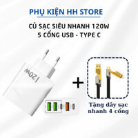 Củ sạc NHANH 5 cổng tặng 1 dây cáp sạc 4 đầu cắm hỗ trợ sạc nhanh (Type C, Lingtning, USB)