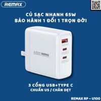Củ sạc nhanh 65W Remax RP – U100 ( GaN ) / 3 Cổng : USB / TYPE C – Chuẩn US / Chân Dẹt.