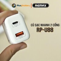 Củ sạc nhanh iPhone 2 cổng sạc nhanh PD 20w chính hãng Remax U88 - Cốc sạc iPhone 8 - X - Xs max - 11 - 12 pro max