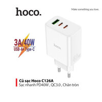 Củ sạc nhanh PD40W Hoco C126A chân tròn 2 cổng Type-C/ Usb , hỗ trợ QC3.0