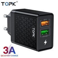 Củ sạc nhanh TOPK 2 cổng USB 28W QC 3.0 tiện dụng khi đi du lịch