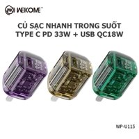 Củ sạc nhanh Wekome PD 33W trong suốt 2 cổng sạc USB/TYPE C cốc sạc nhanh PD 33W Max và QC 18W cho iphone samsung oppo
