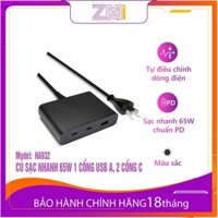 Củ Sạc Nhanh ZMI HA932 65W, 1 Cổng USB A, 2 Type C, Kèm Cáp 2 Đầu Type C Dài 1m | Bảo Hành 18 Tháng