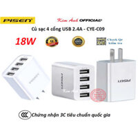 Củ sạc Pisen CYE-C09 có 4 cổng USB công suất 18W, Hàng chính hãng nội địa có chứng nhận tiêu chuẩn về an toàn sản phẩm