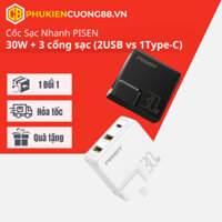Củ sạc siêu nhanh đa năng 3 cổng 30W PISEN gồm 2 cổng USB và 1 cổng Type-C chính hãng