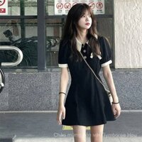 CU4I 2024 Đầm sơ mi thanh lịch phong cách Pháp mới, phong cách Chanel Hepburn, đầm polo đen cho phụ nữ mùa hè