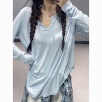 [Cửa hàng] Áo thun dài tay dáng rộng cho nhảy jazz, thiết kế ôm sát, cổ chữ V nhỏ, áo bảo vệ chống nắng cho phụ nữ, áo mặc trong
