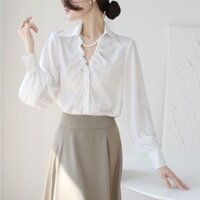 Cửa Hàng Hoa Sen Mưa Cửa Hàng ❥Áo Sơ Mi Tay Dài Dáng Rộng Vải satin Đính Ngọc Trai Sang Trọng size m-3xl