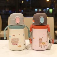 Cửa hàng phiên bản Hàn Quốc cốc cách nhiệt cho trẻ em nắp bật có tay cầm ống hút và dây đeo, chai nước inox 316 sử dụng kép, cốc uống trực tiếp