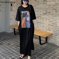 Cửa Hàng Tốt Nhất Mùa Hè Phong Cách Đường Phố Hàn Quốc Rời Cổ Tròn In Hình Hông Áo Thun Nữ Đầm Dài Thường Ngày Mới