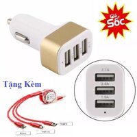 cuc sac dien thoai tren oto - Tẩu sạc điện thoại đa năng trên ô tô tích hợp 3 cổng cắm USB KÈM Dây sạc 3 chân cắm thông dụng -  TẶNG KHĂN LAU XE CAO CẤP