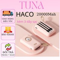 Cục sạc dự phòng 20000mAh mini cầm tay giá rẻ tích hợp 4 đầu sạc kiêm đèn pin chiếu sáng HACO10