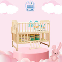 Cũi gỗ thông tự nhiên 5in1 Honalife, gỗ mộc tốt cho bé, ghép chung giường bố mẹ, KT : 105x60x90cm