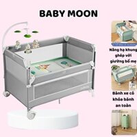 Cũi Vải Gấp Gọn Cho Bé Cao Cấp, Cũi Di Động Gấp Gọn BABY MOON Ghép Giường Kèm Nệm Và Thanh Đồ Chơi