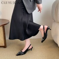 Cui YU XUAN Casual to Formal: Giày cao gót lưng màu đen có đế cao su kéo