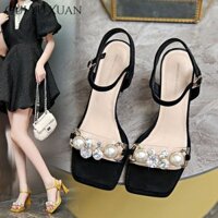 Cui YU XUAN Dép màu đen thoải mái & sành điệu với ngọc trai & pha lê - Đế cao su chống trượt