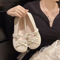 Cui YU XUAN Pháp Mary Jane Giày Nữ Da Lộn Nông Miệng Tròn Mũi Nơ Ballet Dép
