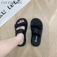 Cui YU XUAN Summer Must-Have: Dép giữa gót nữ có nơ dễ thương, đế cao su thoải mái, đen hoặc trắng kem