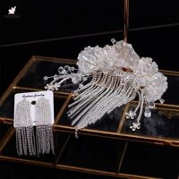 Cưới Tiara Vương Miện Băng Đô Bộ Bông Tai Nữ Phụ Kiện Tóc Full Hạt Trong Suốt Tiara