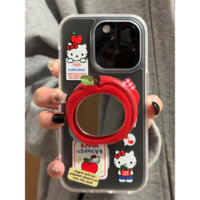 Cute kitty Cat Red Apple Mirror Giá đỡ từ tính Thích hợp cho Apple 16promax Vỏ điện thoại iPhone15 Phong cách mới 16 Vỏ bảo vệ 13 Nữ 14 Bao gồm tất cả chống sốc 15pro