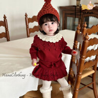 (Cutemily) Set áo len cục bông mix chân váy xếp ly dày dặn màu đỏ siêu đẹp mặc tế bé gái hàng QCCC