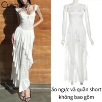 Cutenew Ngọt Xù Cạnh Không Tay Dài Đầm ôm Cổ Vuông Trắng Sheer Slim Fit Midi Đầm Mùa Hè 2024