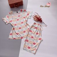 CV21 - Đồ bộ tole lanh quần đùi cổ vuông có tay, vải mát mịn, form dễ mặc, họa tiết dễ thương 40-75kg nashop