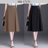 CV51: Chân váy dáng xòe xếp ly mặt trước - dài 72cm - đính cúc cách điệu
