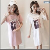 Đ 3  (ĐẦM BẦU BIG SIZE)  Đầm dáng suông xẻ tà nhẹ in hình 3 chú mèo siêu dễ thương