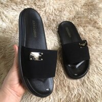 D Dép da cao cấp, dép quai ngang nam nữ màu đen gắn mác  đế chống trượt full size 37 đến 43-unisex3 PP