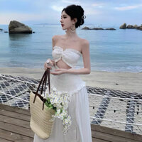 D007 -Đầm Maxi Nhún Cúp Ngực Trắng Thiết Kế Khoét Eo Ôm Dáng Xê Tà Xinh Xắn FreeSize