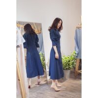 |D028| ĐẦM TAY NƠ LINEN XANH ĐEN