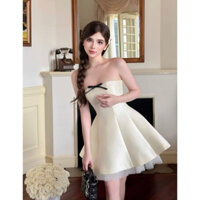 D067 -Đầm Váy Ống Tafta 2 Lớp Đính Nơ Đen Phối Tơ Siêu Bồng Bềnh Màu Kem