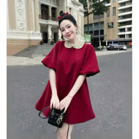 D092 - Dầm Váy Dáng Babydoll Cổ Sen Đính Đá Phối Nơ Tay Lỡ Màu Đỏ Đô Sang Chảnh