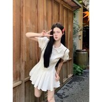 [D23] Đầm sơ mi váy xếp ly kèm quần trong tiểu thư, Đầm thiết kế liền thân dáng xòe bánh bèo