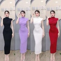 D240 - Đầm Body Cổ Lọ Nhún Vai Đính Đá Mai Bùi Store Thun Nữ