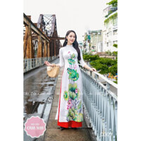 D309 - Áo dài trắng sen, Áo dài hoa sen lụa vân sang xịn mịn, tôn da