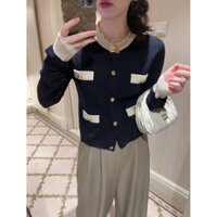D3JX Sandro Gold Button Decoration Elegant Gentle Style Autumn New Wool Sweater Knitted Cardigan Round Neck Long Sleeve Short Slimming Coat