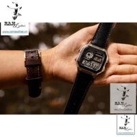 (DA BÒ CAO CẤP) Dây đồng hồ da bò cho Casio 1200 / 1300 / 1100 và Seiko/ SK - Da bò đen tuyền ,