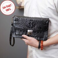 DA BÒ THẬT Clutch Cầm Tay Dự Tiệc Da Cá Sấu Khóa Cài Sang Trọng