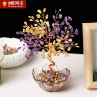 Đá dăm thạch anh tím tự nhiên, đế bát hoa anh đào, Cây Phát Tài, dệt tay kiểu Trung Quốc mới, trang trí mặt bàn văn phòng tại nhà