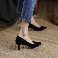 Da Lộn Đen Giày Cao Gót Nữ Stiletto Gót Giày Nữ Mùa Thu Nhỏ Gót 9cm Mũi Nhọn Thoải Mái 5 Phỏng Vấn 7cm Giày Công Sở Giày Thể Thao