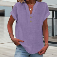 Đa Năng Tay Ngắn Cổ Chữ V Nút Xuống Top Thời Trang Cổ Chữ V Áo Cho Nữ Áo Sơ Mi Chui Đầu Màu Trơn Mặc Hàng Ngày Thời Trang Đông Nam Cổ Điển