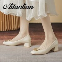 Da Thật Chính Hãng 4cm Cao Gót Giày Nữ Da Retro Nóng Nữ Loafer Vuông Moccasin Giày Công Sở Thời Trang