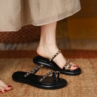 Da Thật Chính Hãng Flip-Flops Nữ Mùa Hè 2025 Mặc Bên Ngoài Phong Cách Chanel Dây Xích Dép Dép Đi Biển Đế Dày