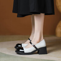 Da thật nhỏ thơm Mary Jane giày nữ mới màu đen trắng phù hợp với gót dày giày đơn cao
