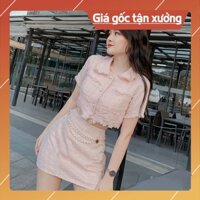 [DA01] Set Croptop Tay Ngắn Cổ Sơ Mi Nút Ngọc Kèm Chân Váy, (Không Bao Gồm Xích Belt) - Vải Dạ - 3 Màu Xanh, Hồng, Nude