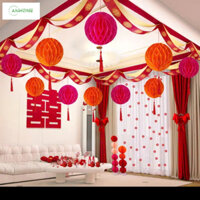 Dải Nơ Lụa Đỏ 3 Lớp Gắn Chữ Hỷ Và Đèn Lồng Trang Trí Phòng Cưới, Lễ Hội, Decor Tiệc Anhome DC-04