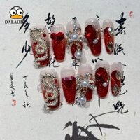 Dalaohu Miếng Dán Móng Tay Giả, Móng Tay Giả Có Thể Đeo 3D, Móng Tay Giả Trái Tim Tình Yêu Sang Trọng Màu Đỏ Dán Móng Tay Lễ Hội